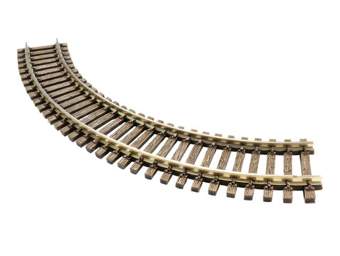 A detailed close-up of a section of curved model railway track, showcasing its construction with wooden sleepers and metallic rails