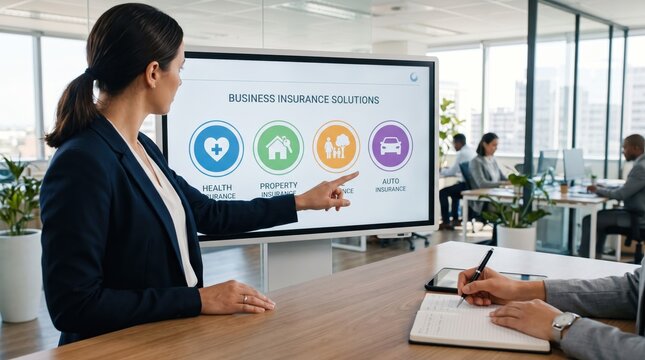 Female agent presenting business insurance solutions on digital screen during corporate meeting, pointing at health, property, and auto coverage icons for client consultation.