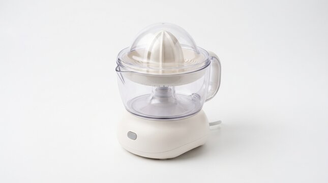 Compact electric citrus juicer with a sleek contemporary design, presented as a practical kitchen appliance for fresh juice and healthy lifestyle concepts. Isolated on White background.