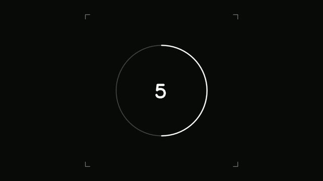 Minimalist digital countdown timer with white numbers and circular progress bar on black background for cinematic intro or video start.