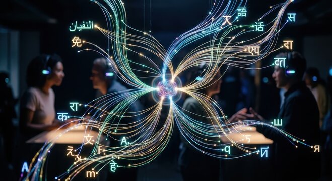 Abstract AI-powered data visualization network with glowing pathways connecting diverse global language symbols.