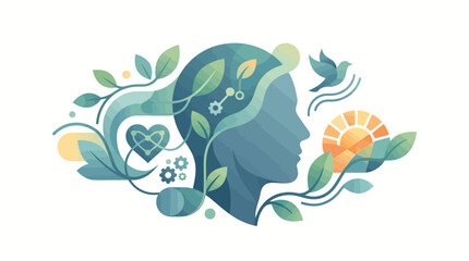 Obraz premium Illustrative graphic of mental wellness with nature and health icons.