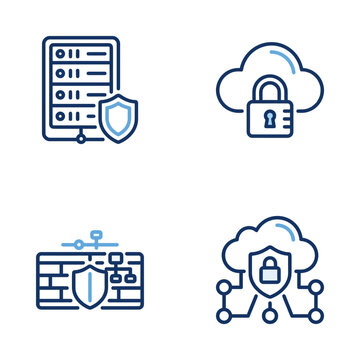 Cyber security and data protection monoline icons set for network infrastructure safety.