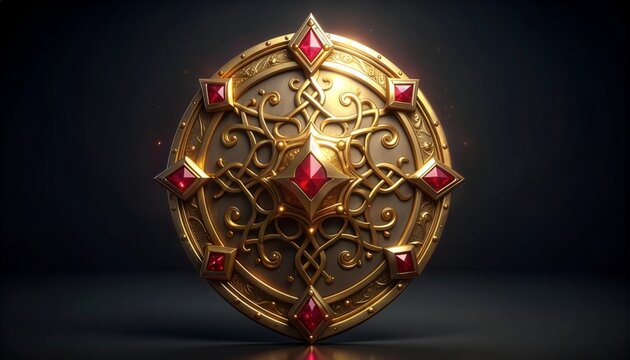 A highly detailed RPG inventory item an ornate golden shield with glowing ruby gems, isolated on a dark background, 4k resolution, premium 3D game asset render