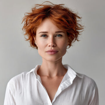 Confident woman with short red hair, blue eyes, white shirt, natural makeup, studio portrait, neutral background