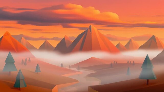 Low-poly geometric mountain sunset landscape with drifting mist, isometric 3D animated background loop for presentation and video intro