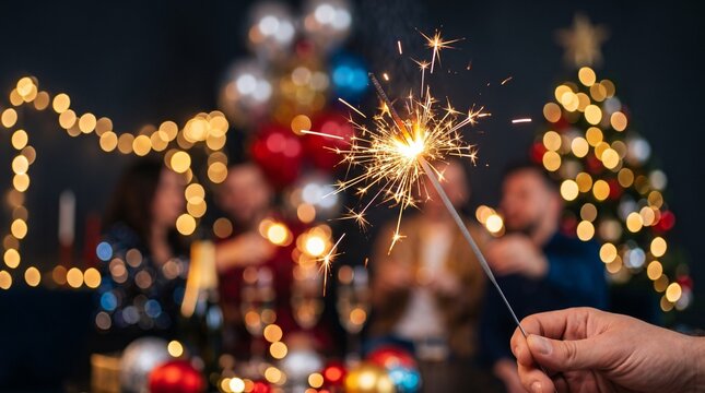 Close up view of person holding burning sparkler with blurred friends celebrating New Year party background, glowing light sparks copy space banner for holiday greeting concept advertisement