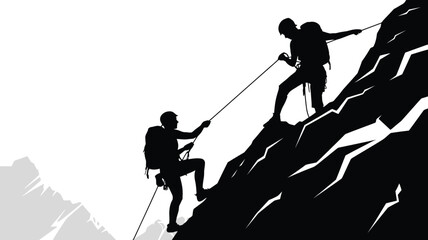 Fototapeta premium Mountain climbers helping each other ascend a steep rocky cliff symbolizing teamwork, cooperation, support, adventure, and achievement