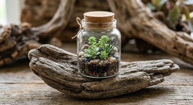 Miniature Succulent Terrarium in a Glass Jar with Cork Lid on Rustic Wood