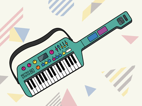 Retro 80s Style Teal Keytar Musical Instrument Illustration.