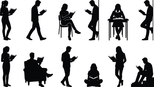Best set of silhouettes of people reading books in various poses and situations