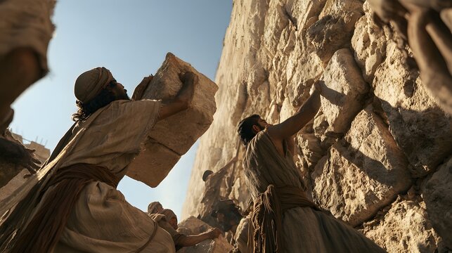 Ancient stone masons constructing massive defensive wall with heavy stone blocks in sunlight