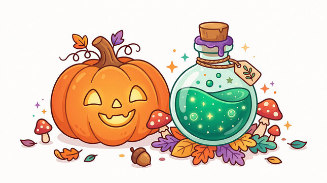 Cute jack o lantern pumpkin and magic potion bottle for halloween celebration