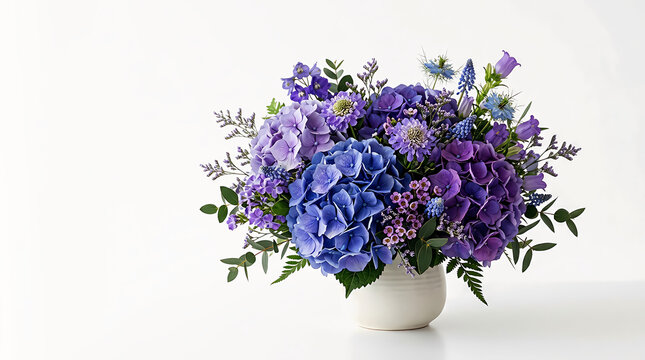 Beautiful bouquet of purple hydrangea flowers in a simple ceramic flower vase
