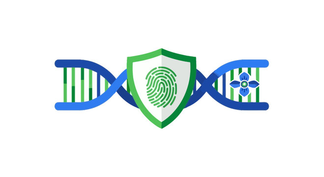 DNA Genetic Data Security Concept with Biometric Fingerprint Shield and Nature Flower Icon