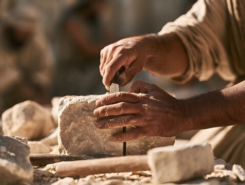 Closeup of a craftsmans hands carving stone with a chisel and hammer in ancient times