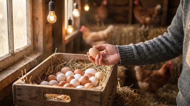 Person hand picking fresh chicken egg from wooden crate filled with straw in poultry coop with hens background for sustainable farming lifestyle visuals.