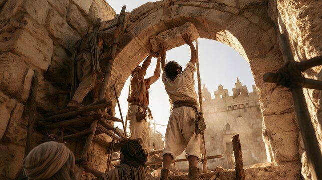 Ancient builders placing keystone in stone arch rebuilding biblical city wall