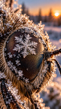 Macro shot of snow crystals and delicate frost on an insect eye in winter sunlight