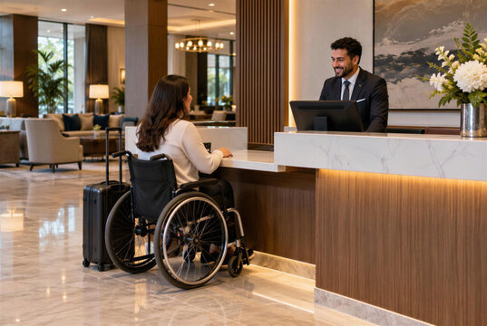 Female Hotel Guest in Wheelchair Checking In at Accessible Reception Desk