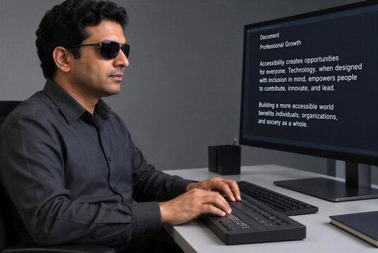 Blind Man Using Screen Reader and Braille Display at Desktop Computer
