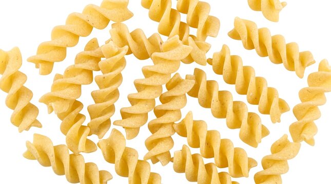 Raw fusilli pasta spirals isolated on white background macro top view