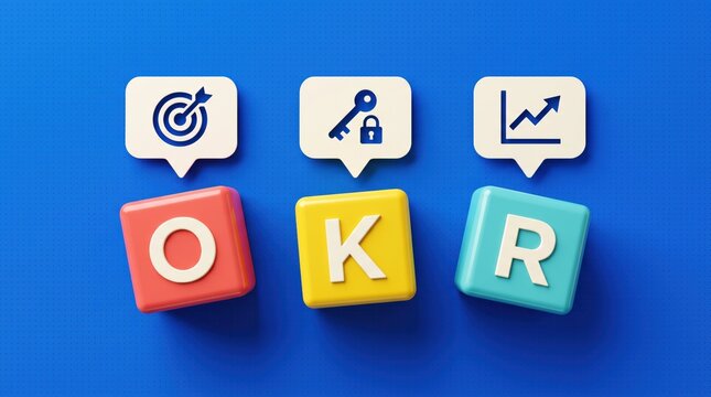 OKR goals and objectives concept with icons and colorful blocks