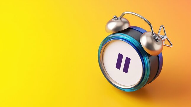 Pause alarm clock on yellow background with purple pause button