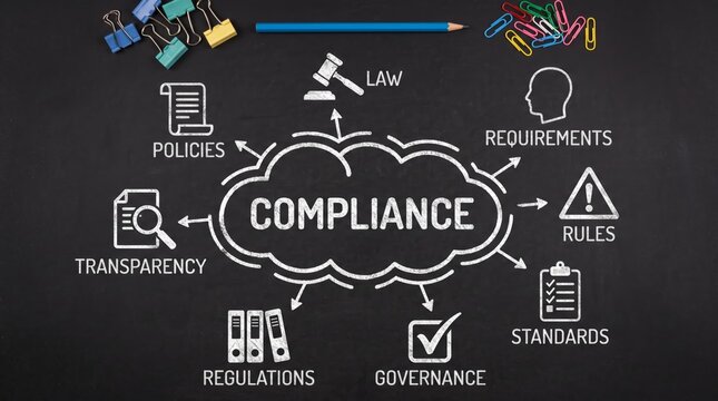 Conceptual chalkboard mind map detailing critical business compliance requirements, legal frameworks, and governance principles for organizational integrity and adherence