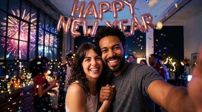 Smiling interracial couple taking selfie under rose gold Happy New Year balloon banner at party with confetti, prime commercial visual for festive relationship social media ad post design.