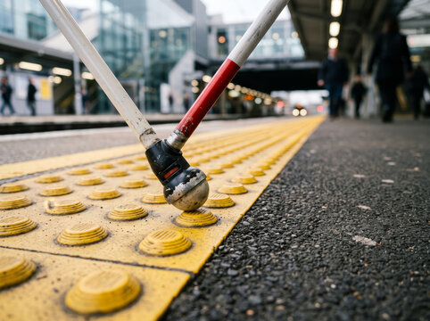 White Cane Touching Yellow Tactile Paving on Station Platform