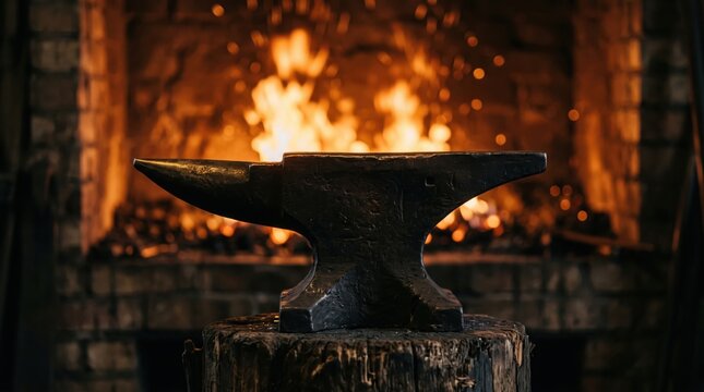 Empty Anvil Silhouetted Against a Roaring Forge Fire Glow