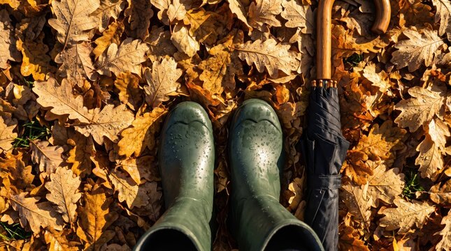 Green rubber boots and umbrella on a bed of autumn oak leaves. Seasonal outdoor activity and cozy fall weather concept for lifestyle, nature, and travel themes.