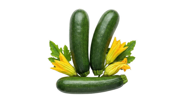 Fresh green zucchini squash with yellow flowers and leaves isolated on transparent background