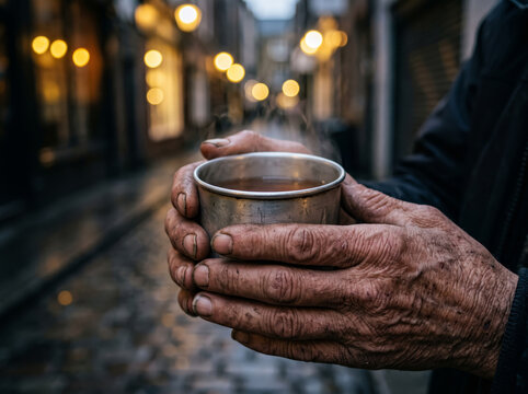 Wrinkled hands of elderly homeless person holding metal cup on city street