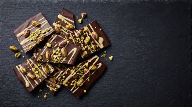 Dark chocolate bark with pistachios and white chocolate drizzle on slate. Gourmet dessert or snack for food blogs, recipes, holiday treats, and sweet indulgence.