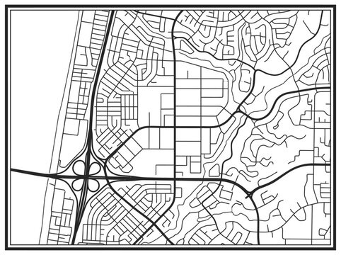 Minimalist Black and White City Map Illustration with Road Network and Interchange