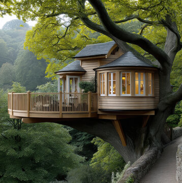 Treehouse wooden modern round window balcony forest elevated cozy peaceful nature retreat