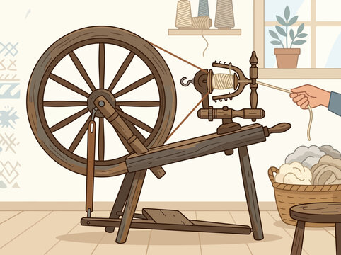 Illustration of a Vintage Wooden Spinning Wheel for Yarn Production.