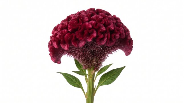Mature burgundy cockscomb celosia flower with a densely folded velvety crest and short green stem, captured with detailed natural texture. Isolated on White background.