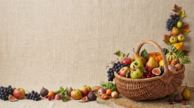 Wicker basket overflowing with fresh autumn harvest fruits and vegetables on rustic stone and linen background.