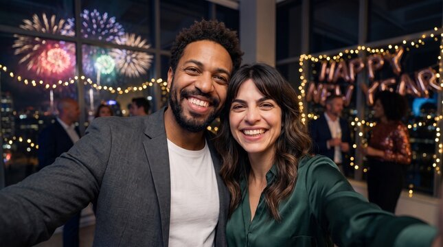 Diverse smiling couple taking selfie photo at luxury New Year Eve party night celebration with fireworks background for corporate holiday season advertising banner marketing campaign template