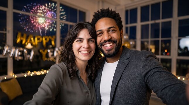 Smiling inter racial couple taking selfie together during cozy home New Year celebration with vibrant fireworks and golden Happy New Year foil letter balloons visible through window behind.