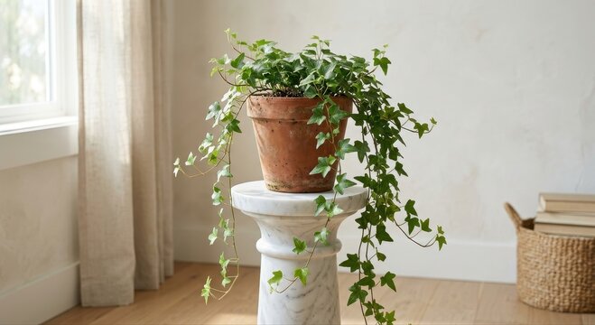 Terracotta pot with lush trailing ivy plant on a white marble pedestal