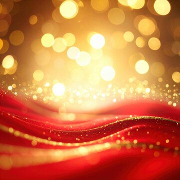 Abstract red fabric wave with golden glitter and warm glowing bokeh, creating festive luxury background with flowing texture and radiant light