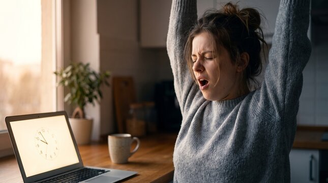 Drowsy young woman yawns and stretches at her laptop, feeling morning fatigue and struggling to focus during an early start to her workday from home