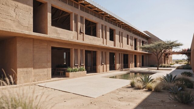 Climate-responsive school building with shaded verandas, ventilated ceilings, courtyards and reflective roofs, illustrating passive cooling, low-energy architecture and comfortable learning spaces
