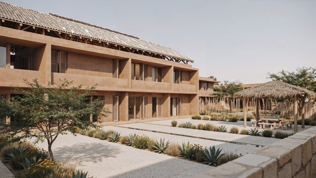 Climate-responsive school building with shaded verandas, ventilated ceilings, courtyards and reflective roofs, illustrating passive cooling, low-energy architecture and comfortable learning spaces