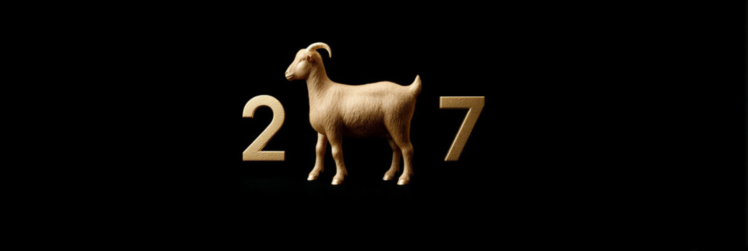 Golden goat stands between the numbers 2027, set against a black background. The goat appears calm, standing upright with a neutral expression. This image could suit themes like new beginnings