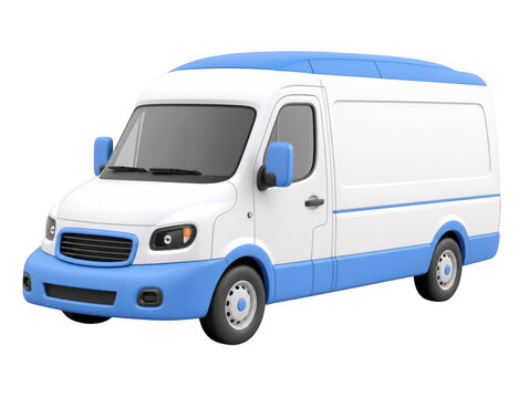3D Cartoon White delivery van with blue trim accents as isolated on, cargo van as isolated on transparent background